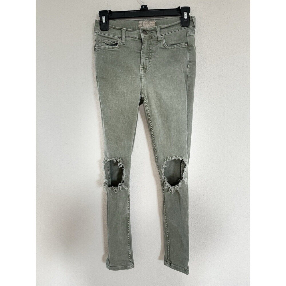 Free People Womens Knee Punch  Skinny Jeans Size 26 Army Green Cotton Stretch